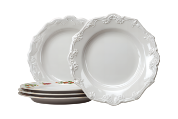 Exquisite white ceramic dinnerware plates artfully stacked featuring elegant scalloped edges ideal for sophisticated table settings transparent background
