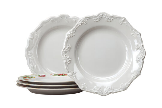 Exquisite white ceramic dinnerware plates artfully stacked featuring elegant scalloped edges ideal for sophisticated table settings transparent background