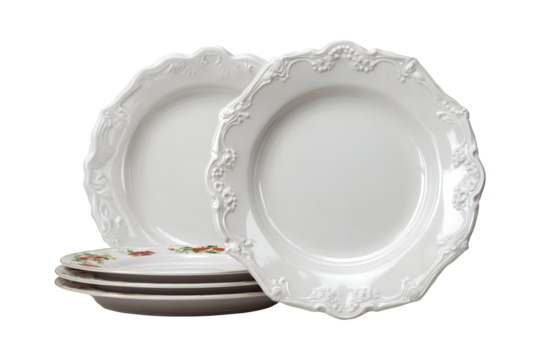 Exquisite white ceramic dinnerware plates artfully stacked featuring elegant scalloped edges ideal for sophisticated table settings transparent background