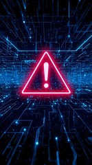 Futuristic Digital Warning Alert with Glowing Exclamation Mark and Cyber Grid Background