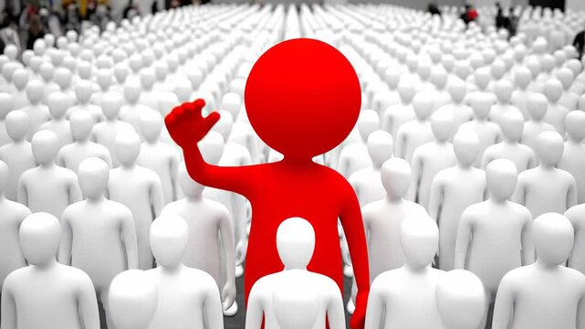 In this conceptual animation about individuality, a distinct red figure stands out from the crowd of simple white characters as it waves its hand