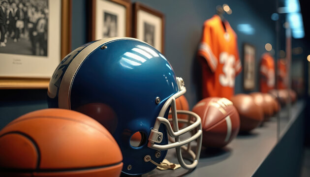 Collectible sports memorabilia includes football helmet basketball jersey balls, framed photos. Athletes gear displayed in museum or hall of fame setting. Vintage team items honoring champions past.