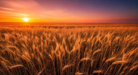 Golden hour glow over a sprawling wheat field, bathed in the warm, rich colors of a spectacular sunset, highlighting the beauty of nature's bounty and agricultural landscapes
