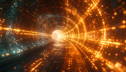 Fototapeta premium Digital Data Tunnel: Navigate the intricate pathways of data, where light and technology intertwine in an ethereal, futuristic tunnel, evoking a sense of exploration and innovation.