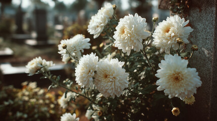 Naklejka na ściany i meble close up of classical large flowered white chrysanthemums on tombstone, modern graveyard, blurred background of cemetery. All saints day graveyard. Background, wallpaper for all saints’ day, all souls
