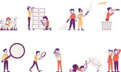 Vector flat illustration set of people looking for something in different ways.