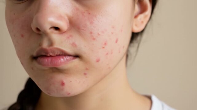 Close-up of a young person's face showing various acne blemishes on cheek and chin