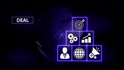 Digital business icons arranged in pyramid shape with global network background and word deal image