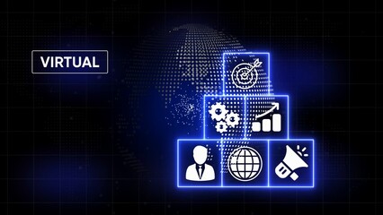 Digital abstract with glowing blue icons representing business goals and global connection on a dark grid background