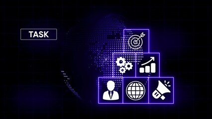 Digital business icons for task management goal setting and global strategy on dark background image