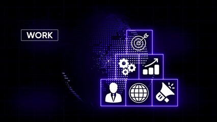 Digital business icons on a dark background with a glowing globe and the word W O R K work technology