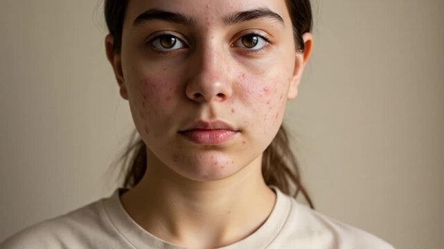 Portrait of a young person with noticeable skin blemishes and red bumps