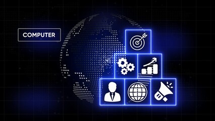 Digital globe with glowing blue icons representing business goals and technology concepts image