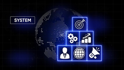 Digital globe with glowing blue icons representing business strategy and system operations earth network
