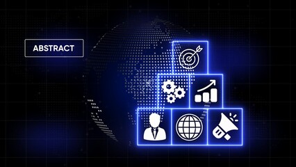 Digital globe with glowing blue interface displaying business icons for strategy growth and communication
