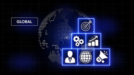 Digital globe with glowing blue interface icons representing business goals and strategy technology