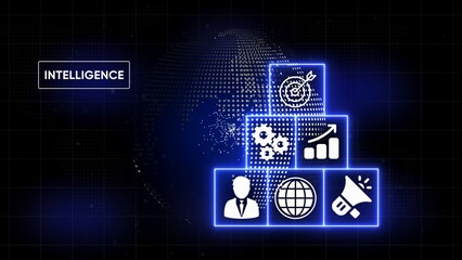 Digital globe with glowing blue squares containing business icons and the word intelligence world earth