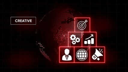 Digital globe with glowing red grid and business strategy icons target gears graph person globe megaphone