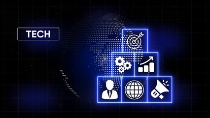 Digital technology infographic with icons for business growth and global connection on dark grid background