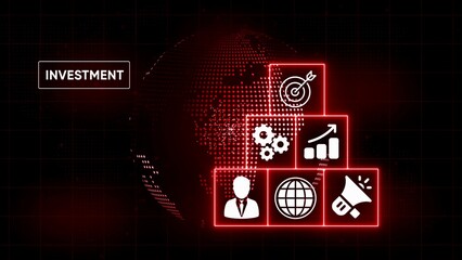 Global investment strategy with icons for target growth gears business and marketing on red digital earth background