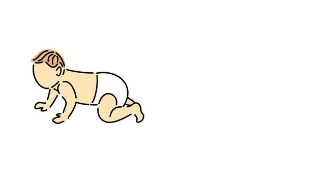 Baby in diapers or nappy crawling, infant, toddler and children, graphic animation. Alpha channel. Transparent background motion design. 4K resolution