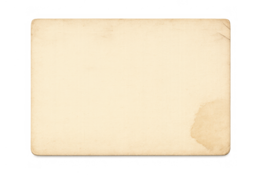 Blank vintage paper card creating a retro background with aged texture and stains, transparent background