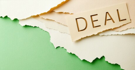 Paper torn revealing green surface. Word DEAL visible on ripped fragment, suggesting agreement or promotion. Simple composition, bright colors.