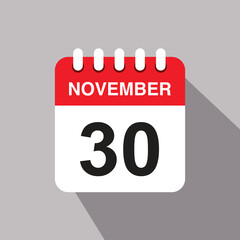 30 november calendar date icon. vector illustration with shadow design