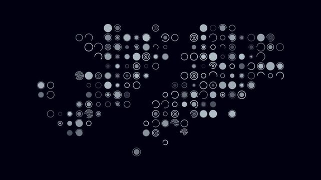 Falkland Islands map animation. Shape of the country with pulsating colored dots. Large size circle blocks. Digital style Falkland Islands map on dark background. Vibrant video.