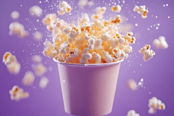 Bucket of popcorn on purple background. Popcorn splashes. Popcorn falling into box