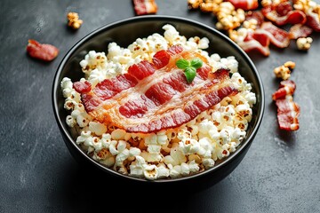 A bowl of popcorn and piece of bacon. Product presentation.
