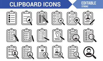 Office Clipboard Icons — Line Art Vector Illustrations for Productivity and Organization Design