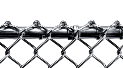 A close up detailed view of a steel chain link fence attached to a metal pole set against a clean light background
