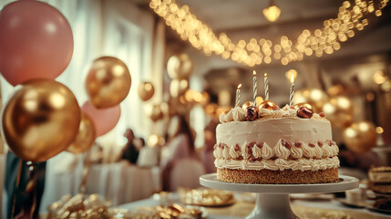 Stylish indoor birthday party with decorated tables, cake, balloons, and twinkling lights in a cozy setting