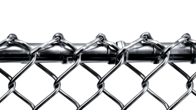 A close up detailed view of a steel chain link fence attached to a metal pole set against a clean light background