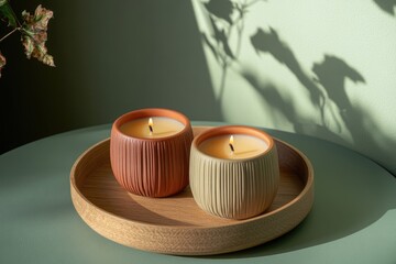 On a beautifully arranged table, two candles gracefully rest on a wicker tray