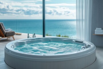 Large bathtub in bathroom with a window. Round jacuzzi on the sea background.