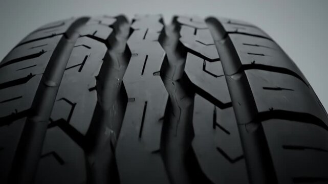 Detailed close up of a black rubber car tire protector in motion, showcasing the intricate tread pattern crucial for providing optimum road grip and ensuring driver safety