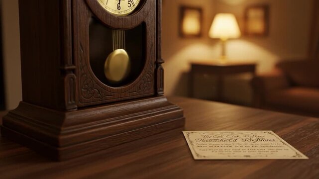 Antique wooden pendulum clock and decorative card on a table