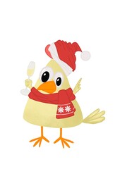 Cute cartoon Chicken celebrating with a glass of champagne  in a festive winter hat and scarf