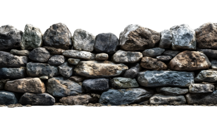 A rustic stone wall constructed from various rough hewn rocks against a clean white background