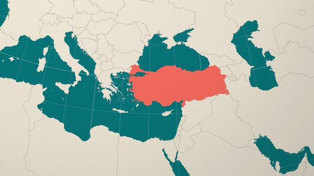 Turkey map. Animated zoom into the country on the Globe in Teal Pale Mint color palette. Country logo animation. Map with meridians, parallels. Vibrant video.