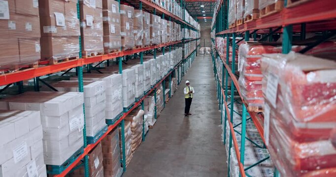 Above, supply chain and man in warehouse, inspection and organize inventory with storage maintenance. Person, logistics and employee with safety, distribution or export with backlog and industrial