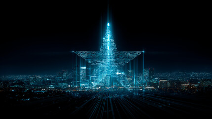 A digital Christmas star made of glowing binary code shining over a futuristic city skyline
