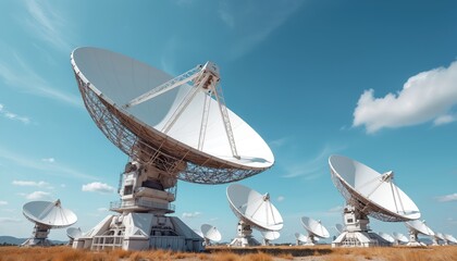 Large white satellite dishes on metal stands in dry grass field under blue sky. Network receivers point towards space for communication. Scientific research equipment gathers data.