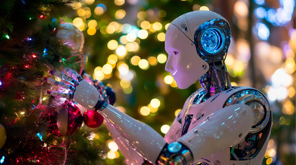 A humanoid robot decorating a Christmas tree with LED ornaments, symbolizing technology and joy