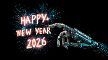 A glowing robot hand writing Happy New Year 2026 in digital sparkles, symbolizing creativity and progress