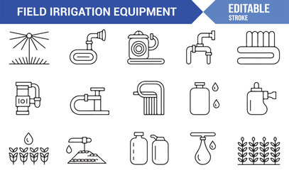 Line Art Farm Irrigation Icons — Vector Illustrations of Water Flow Systems and Tools