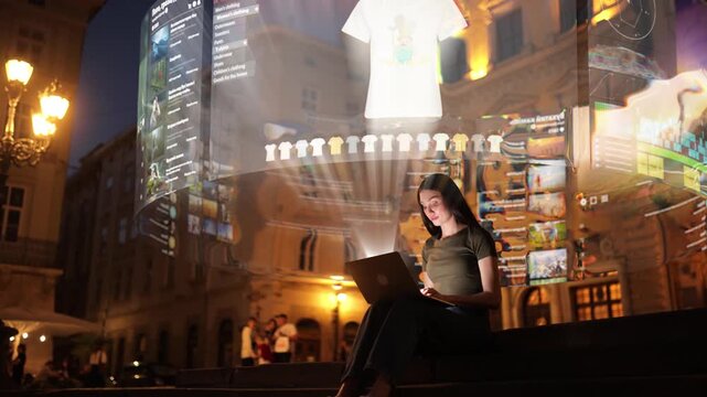 Woman using laptop outdoors at night with holographic interface showing online store and video gallery. Concept of future internet, AI shopping and digital media technology