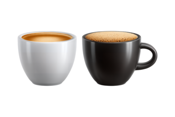 Stylish white and black ceramic coffee cups filled with rich aromatic brew perfect for a comforting morning beverage moment transparent background